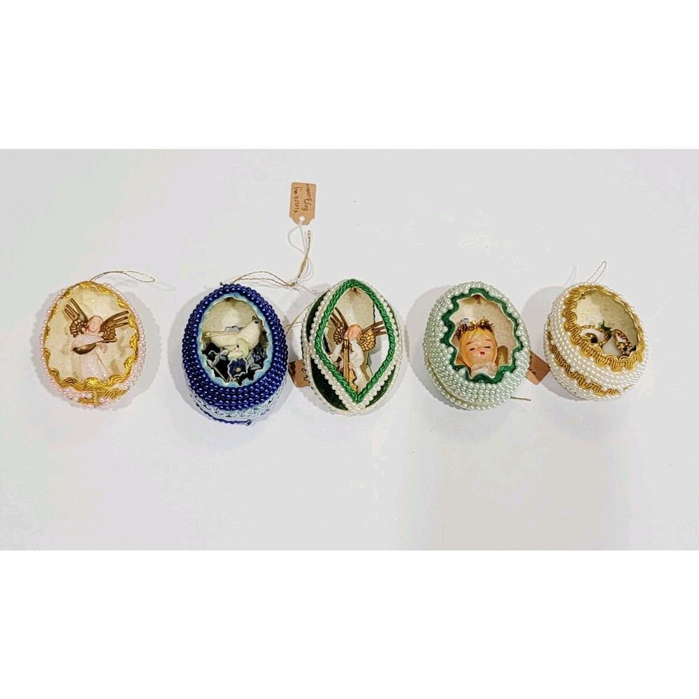 Vintage Set Of 5 Miniature Egg Diorama Christmas Ornaments Beaded